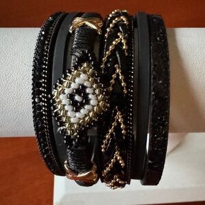 Bohemian Style Black Multi-layered Beaded Leather Cuff Bracelet